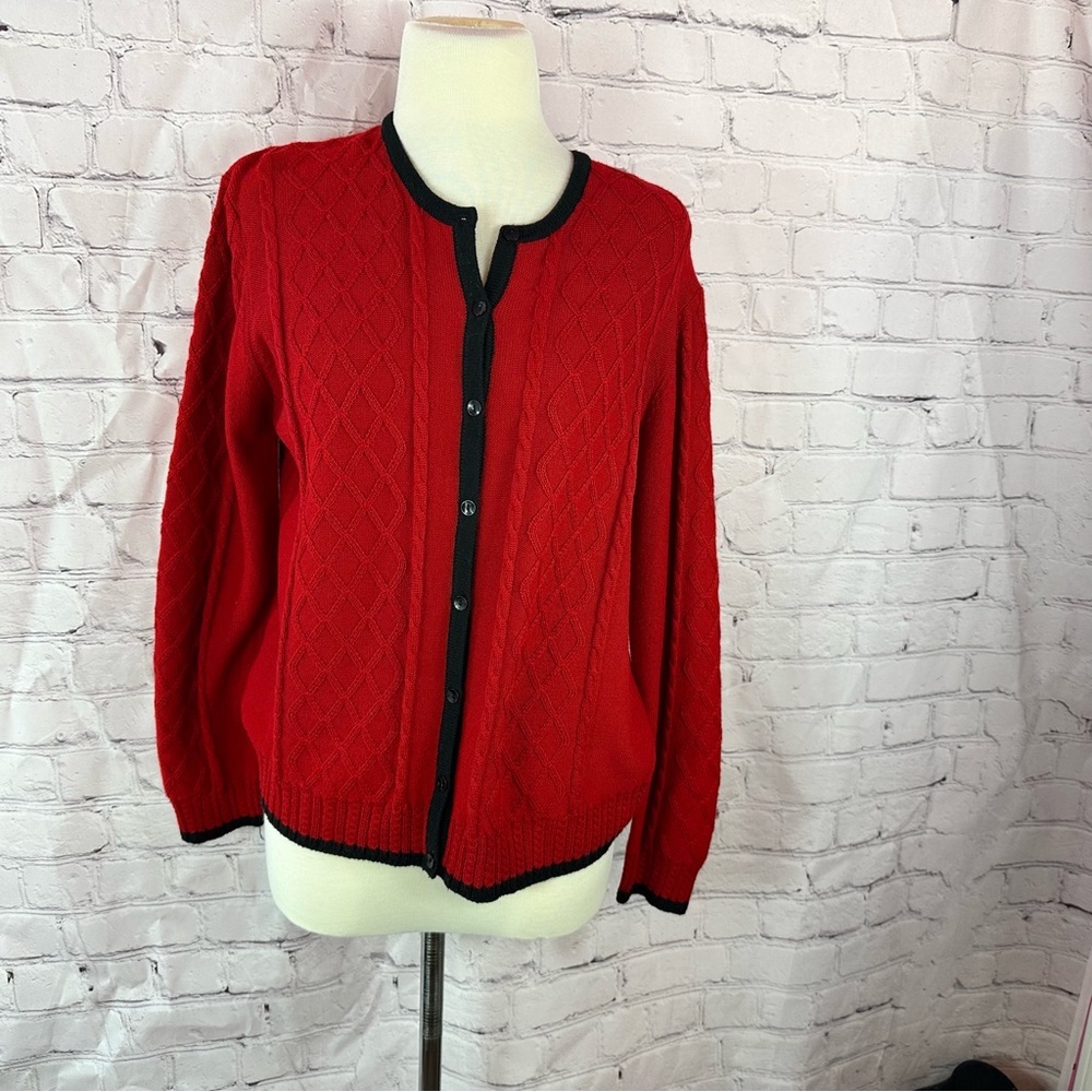 vtg country casuals Red wool blend Cardigan Black Trim womens L preppy office